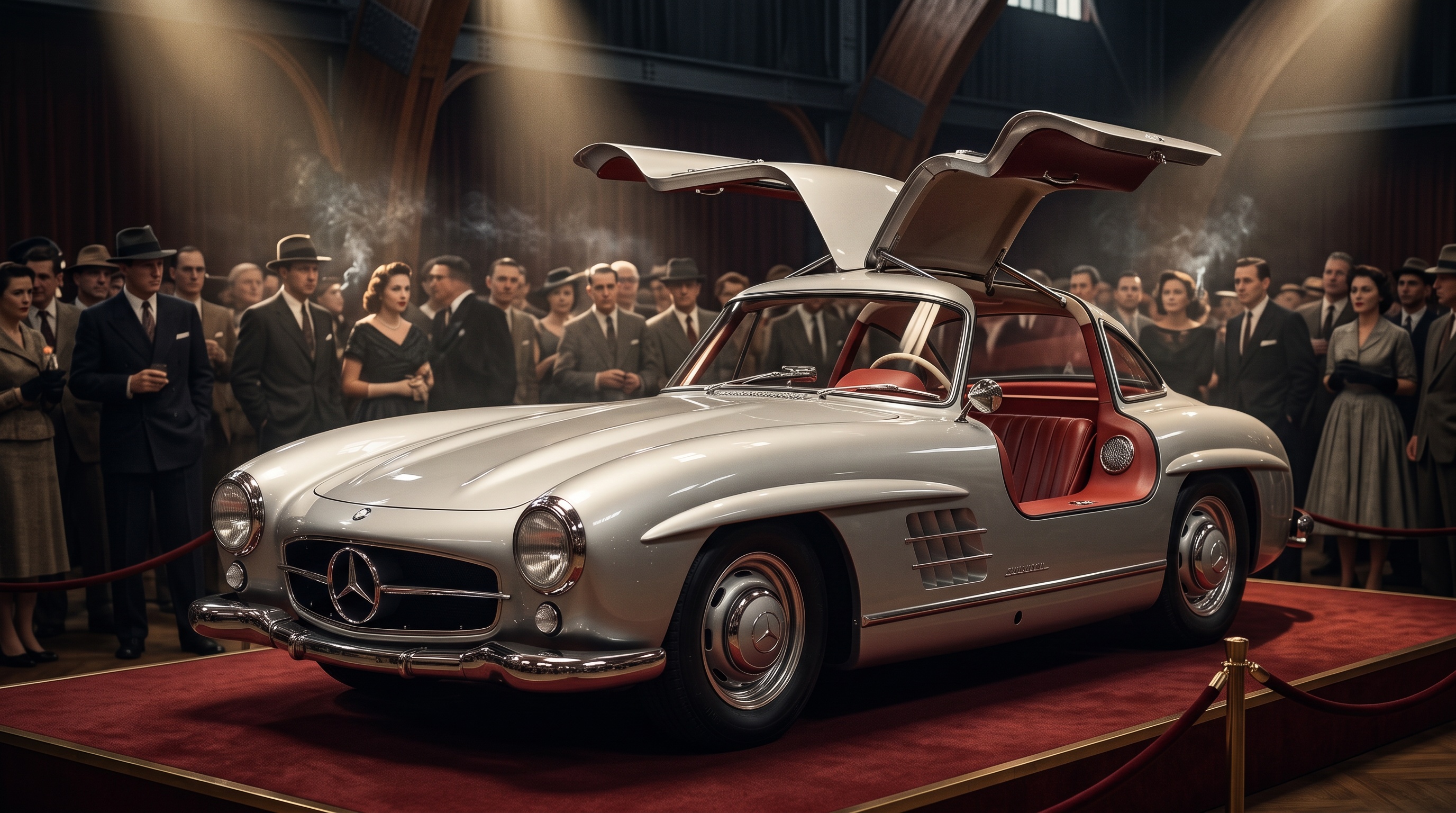1954年2月ニューヨーク、混雑したショーのスタンドでガルウィングドアを上げた300 SL
