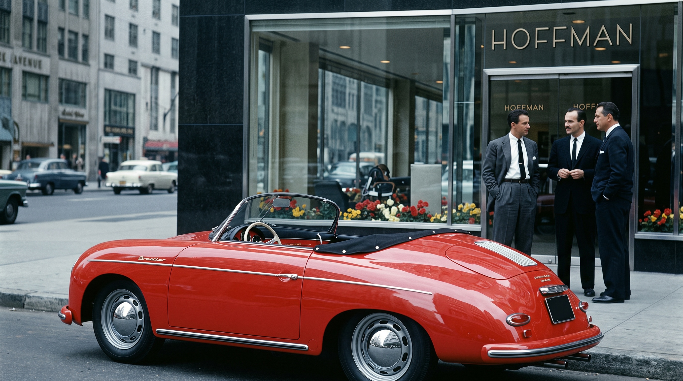 パーク・アベニューのホフマン・ショールーム前に停まる赤いポルシェ356。1950年代のスーツ姿の男たちが入口に