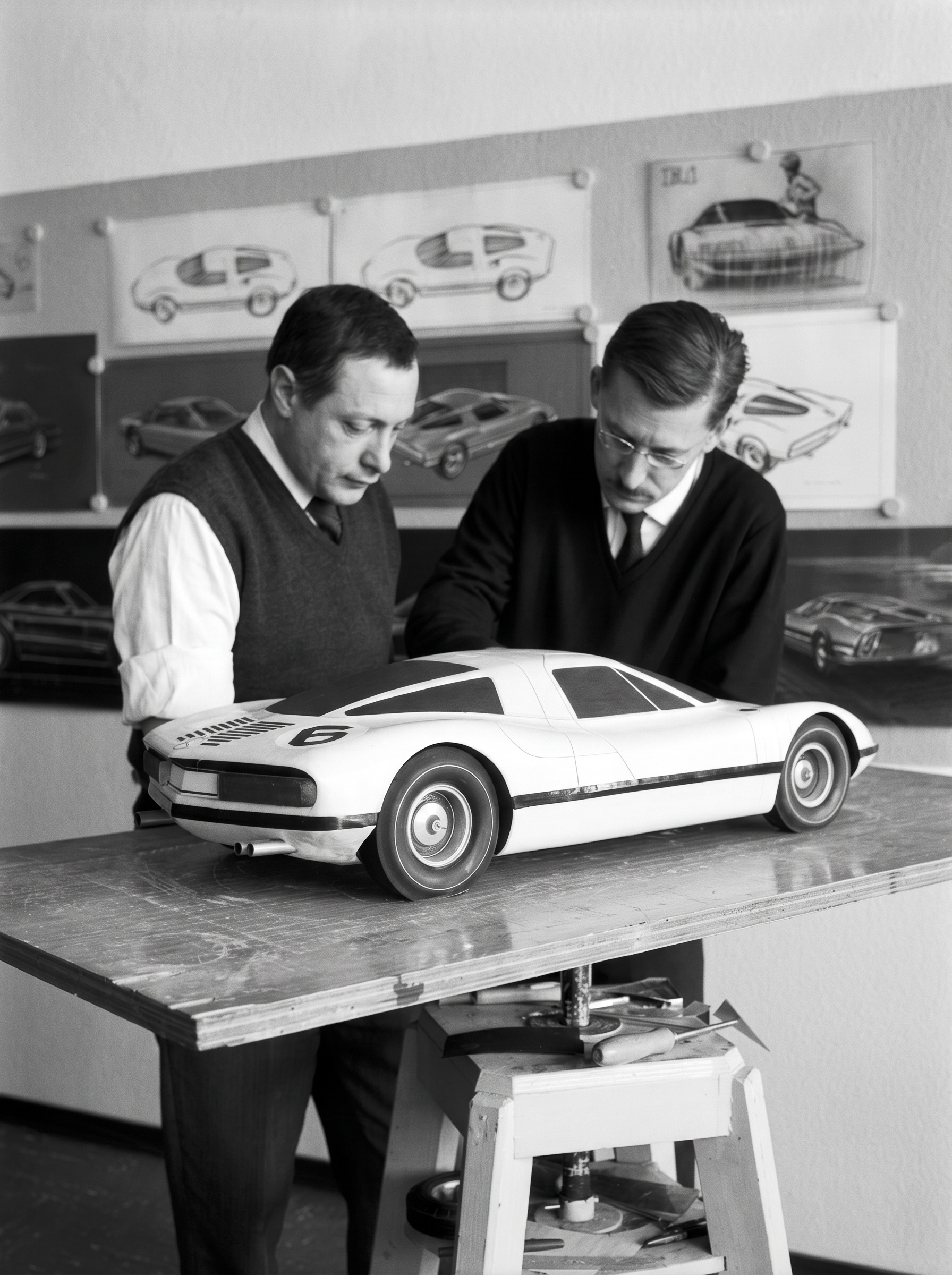 Paul Bracq and Giovanni Battistella at a scale model in the Sindelfingen studio, 1965