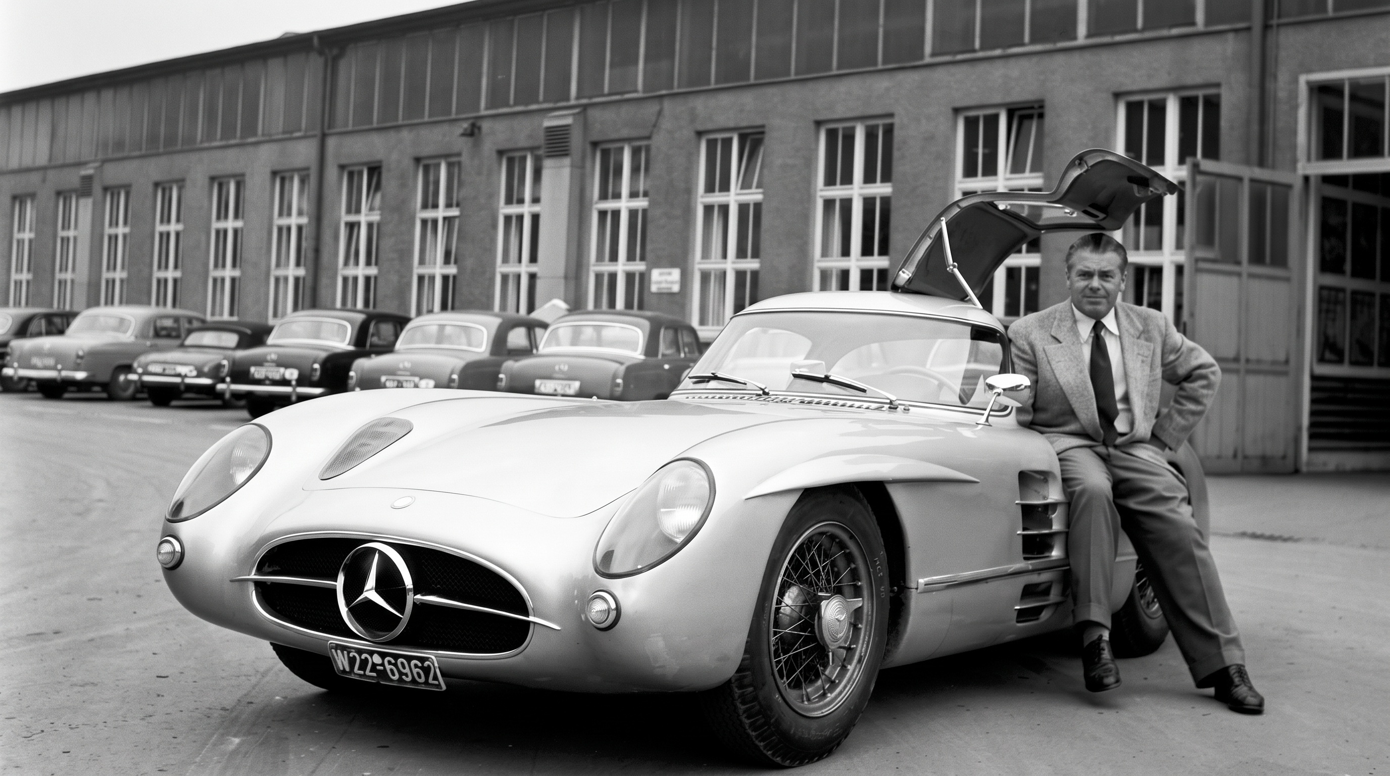 Rudolf Uhlenhaut apoyado en su 300 SLR Coupé, puerta de ala de gaviota abierta