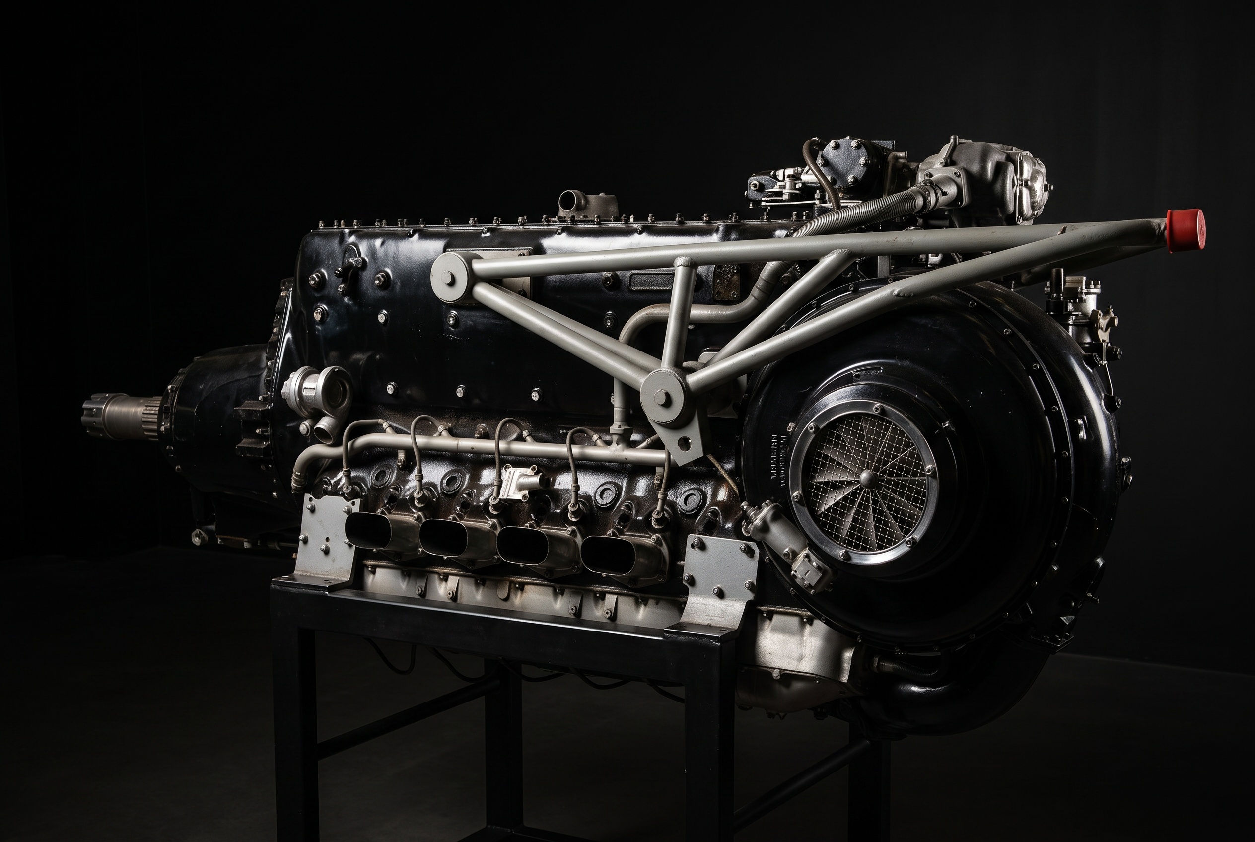Il motore aeronautico V12 rovesciato Daimler-Benz DB 603 su un cavalletto d'acciaio