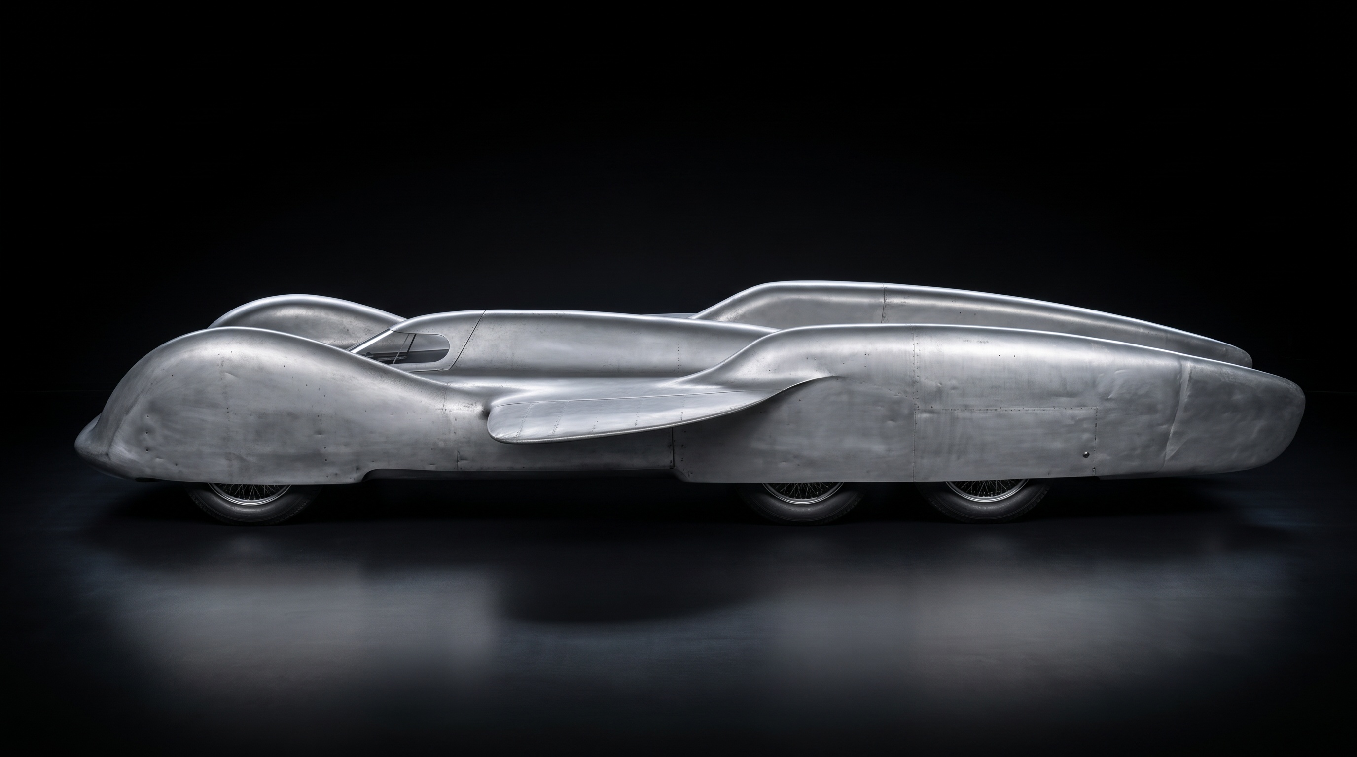 Vista laterale della Mercedes-Benz T 80 non verniciata, con i tre assi e l'aletta sul fianco