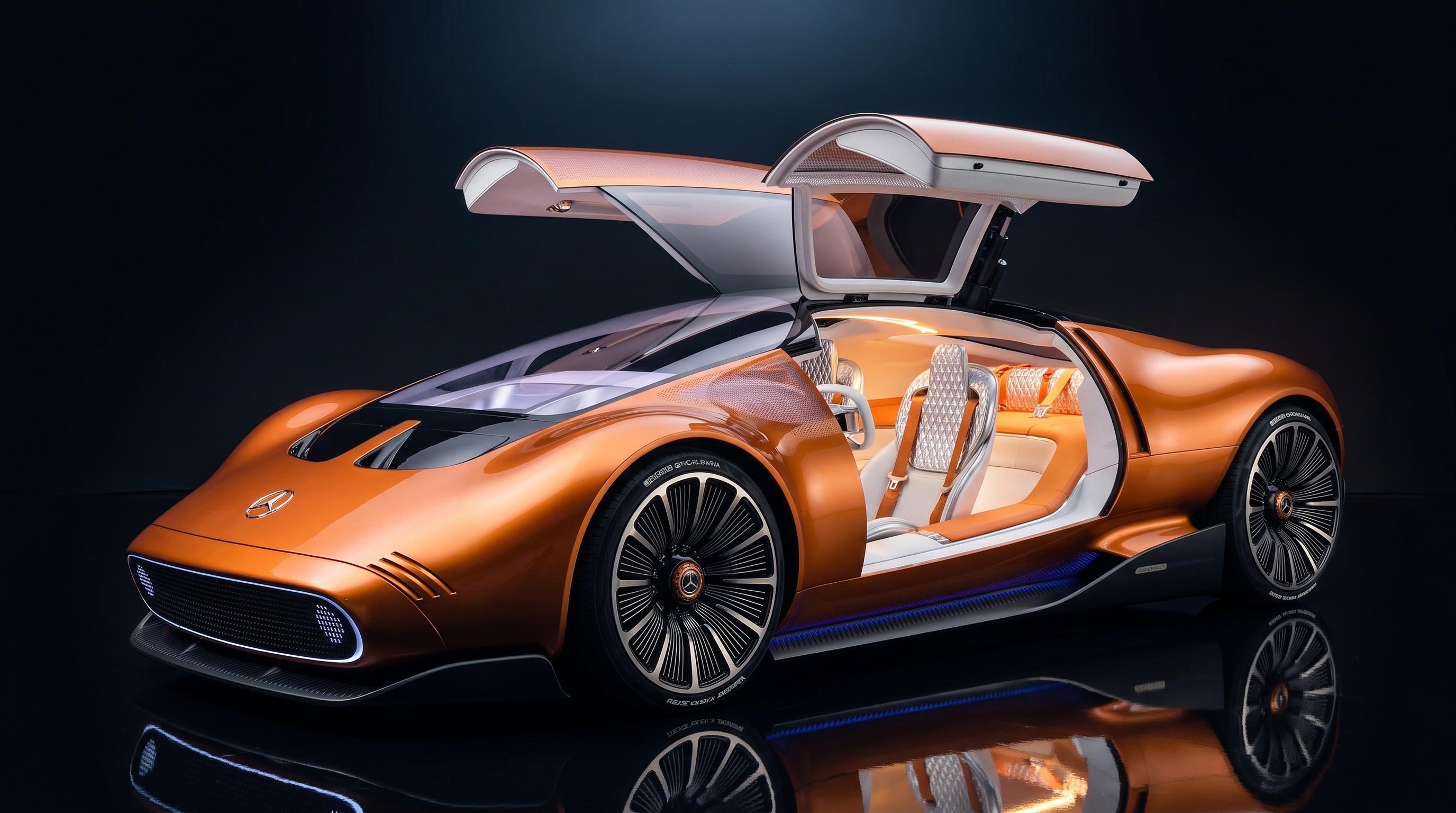 Vision One-Eleven with both gullwing doors raised, showing the white lounge interior
